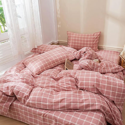 EAVD Modern Style Pink Plaid Duvet Cover Queen Soft Cotton Pink and White Grid Plaid Bedding Set with 2 Pillowcases Simple Checkered Geometric Duvet Cover with Zipper Closure