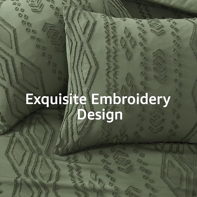 WRENSONGE Full Size Comforter Set with Sheets - 7 PiecesOlive Green Tufted Bed in a Bag Full Shabby Chic Bedding Sets with 1 Comforter, 2 Sheets, 2 Pillowcases & 2 Shams