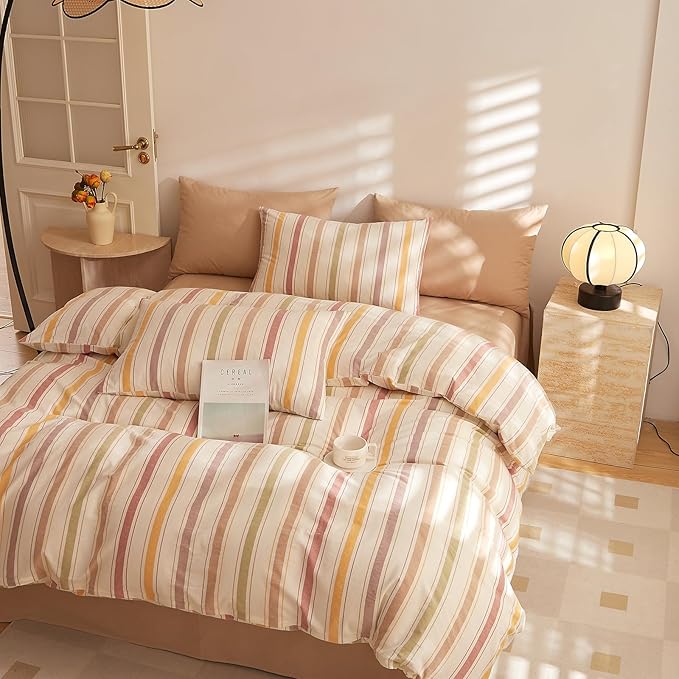 MKXI Striped Duvet Cover Set 100% Washed Cotton, 3-Piece Colorful Autumn Vibe Bedding Set with Zipper & Ties, Stripes Pattern Comforter Cover for Teens, Adults, Dorms & Bedrooms (Twin XL Size)