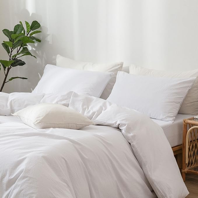 MooMee Bedding Pillowcases Pack of 2 100% Washed Cotton Linen Like Textured Breathable Durable Soft Comfy (Solid Bright White, Queen)