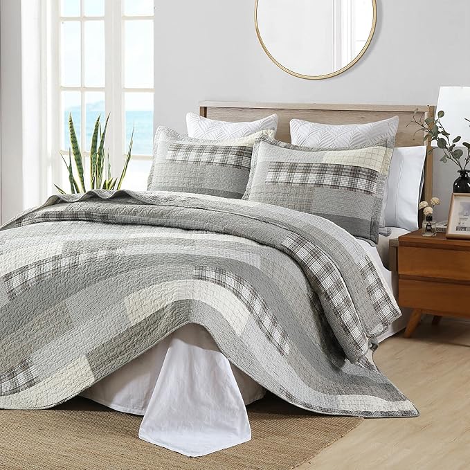 PANGUSHAN Quilts Set Queen Size,100% Cotton Patchwork Plaid Queen Quilt Bedding Set Bedspread for Queen Bed,Grey(Gray)/Cream/Khaki Farmhouse Rustic Reversible Lightweight Comforter Bed Cover,3 Pieces