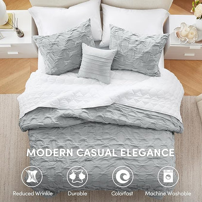 Comfort Spaces Comforter for Queen Size Bed, Ogee Ruched with Crinkle Texture, Breathable Comforter Set Queen, All Season Lightweight Bedding Set, Shams, Décor Pilow, Full/Queen Gray 4 Piece