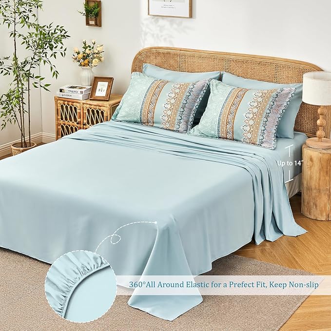 Boho Comforter Set King Size Sage Green - 7 Pieces Bohemian Floral Striped Comforter and Sheet Set, Soft Bed in a Bag Complete Bedding Sets King Size for All Season (Sage Green,King)