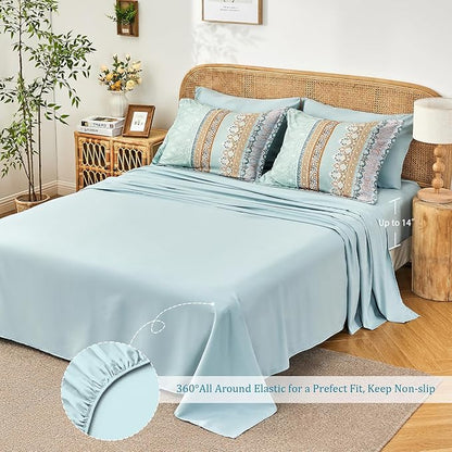Boho Comforter Set King Size Sage Green - 7 Pieces Bohemian Floral Striped Comforter and Sheet Set, Soft Bed in a Bag Complete Bedding Sets King Size for All Season (Sage Green,King)