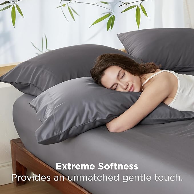 Bedsure Pillow Cases Queen, Cooling Pillow Cases, Rayon Derived from Bamboo Dark Grey Pillowcases Queen Size Set of 2, PureWoven & Soft Bedding Pillow Cover with Envelope Closure,Gifts, 20x30 Inches