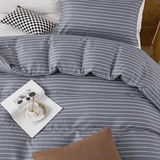 Bedbay Grey Striped Duvet Cover Set Queen Size, 100% Cotton Sateen Bedding Set, Modern Minimalist Hotel Style 3 Piece Duvet Cover, Soft Breathable All-Season Bedding
