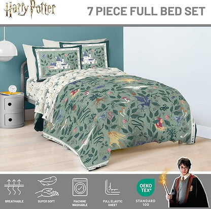 Jay Franco Kids Comforter Set Includes Sheets and Pillow Covers - Soft and Cozy Bed Set for Stylish Room Decor, Official Licensed Product, Green - Harry Potter, 7 Piece Full