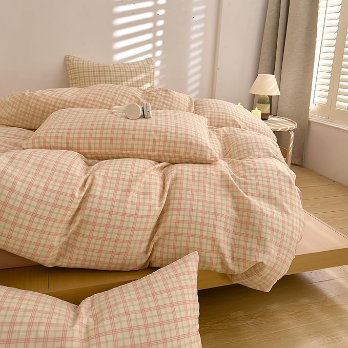 Vintage Pink Plaid Duvet Cover Queen 100% Cotton Muslin Gingham Duvet Cover Pink Green Plaid Checkered Grid Bedding Set Linen Like Gauze Comforter Cover Soft Breathable Gingham Bedding Set Queen