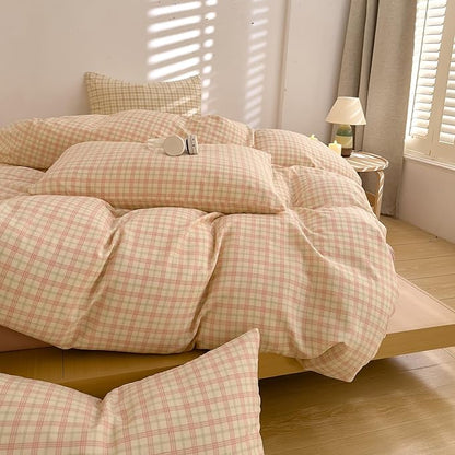 Vintage Pink Plaid Duvet Cover Set King Soft 100% Cotton Muslin Gauze Duvet Cover Pink Green Plaid Checkered Grid Bedding Set Linen Like Gauze Breathable Gingham Comforter Cover with Zipper Closure