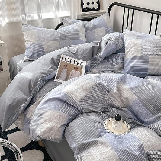 HighBuy Blue Grey Comforter Set King Size Gingham Pattern Grid Checkered Patchwork Comforter Set 3 Pieces Buffalo Plaid Comforter Bedding Set with Checkered Pillowcases Fluffy Home Decor