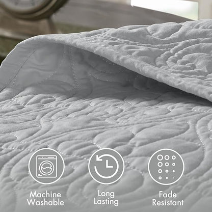 Madison Park Quebec Queen Size Quilt Bedding Set - Grey , Damask – 3 Piece Bedding Quilt Coverlets – Ultra Soft Microfiber Bed Quilts Quilted Coverlet