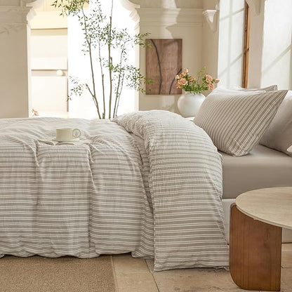 Striped Duvet Cover Set,100% Washed Cotton Linen Like Bedding Set,Breathable,Durable,Comfy(Strip-Tannish Linen Grey/White,Queen)