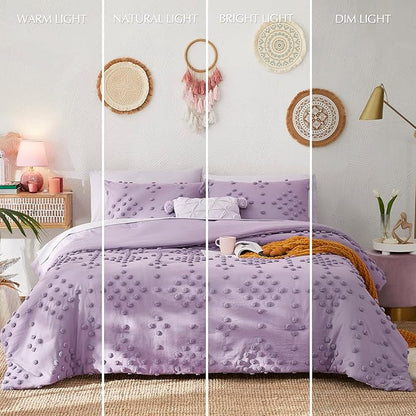 Geniospin Purple Queen Comforter Set for Girls- 7 Pieces Pom Tufted Bed in A Bag Queen Bedding Sets with Sheets, Pillowcases & Shams, All Season Kids Comforter Set