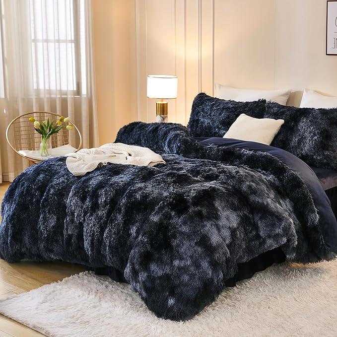 Andency Faux Fur Tie-Dyed Black Blue Comforter King Size, 3 Pieces Fluffy Fuzzy Plush Bedding Comforter Set (1 Shaggy Velvet Comforter & 2 Pillowcases), Soft Puffy Comfy Down Comforter Bedding Set