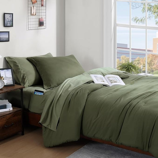 WRENSONGE Twin/Twin XL Comforter Set - 2 Pieces Olive Green Comforter Prewashed Soft Lightweight for All Seasons,Fluffy Down Alternative Twin XL Comforter with 1 Pillow Sham