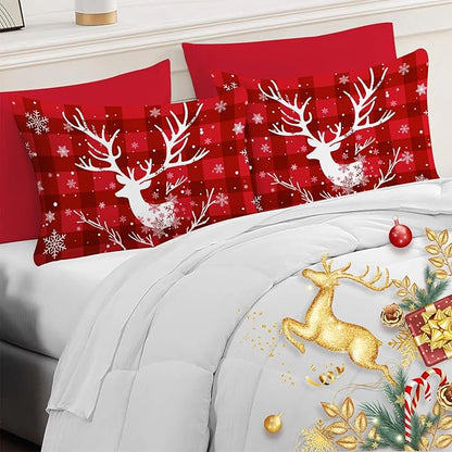 YIYEA Christmas King Size Pillow Cases Set of 4, Ultra Soft Double Brushed Microfiber Red Pillowcases and Christmas Pillow Covers, Envelope Closure, Fade Resistant (20"x36")