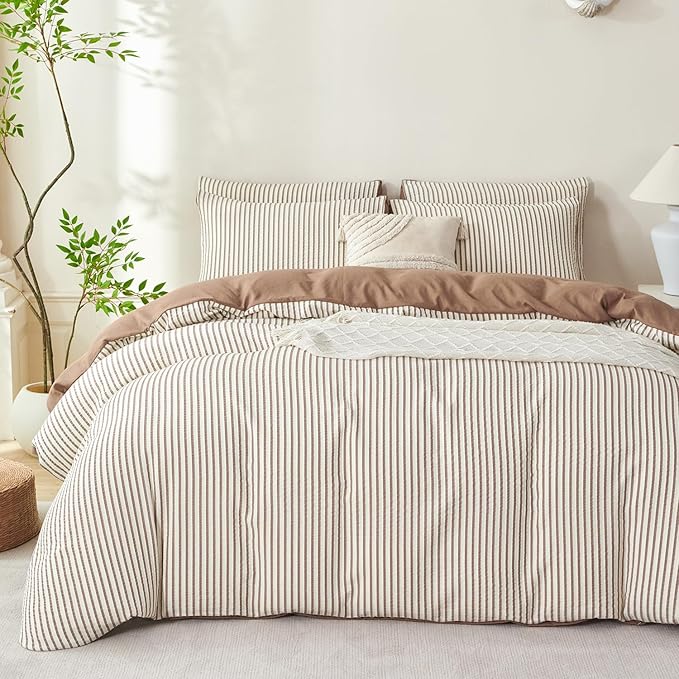 Comforter Set Queen Size Striped Soft Luxury Washed Microfiber Jacquard 3 Pieces Bedding, White Dark Brown Vertical Ticking Stripes Comforter with 2 Pillowcases Breathable Durable Comfy