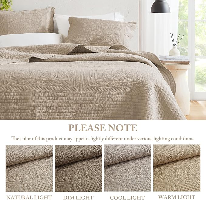 Madison Park Queen Quilt Set Damask Coverlet Set for Queen Size Bed, Cottage Oversized Quilt Set, Scallop Edge, All Season, Pre-washed Cotton-Filled Queen Size Quilt, Tuscany, Full/Queen Khaki 3 Piece