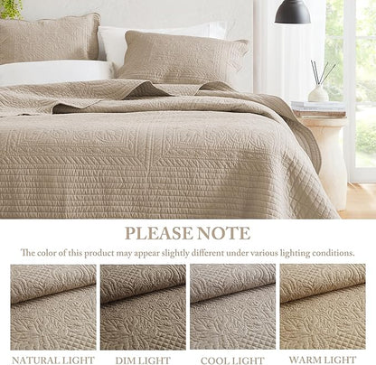 Madison Park Queen Quilt Set Damask Coverlet Set for Queen Size Bed, Cottage Oversized Quilt Set, Scallop Edge, All Season, Pre-washed Cotton-Filled Queen Size Quilt, Tuscany, Full/Queen Khaki 3 Piece