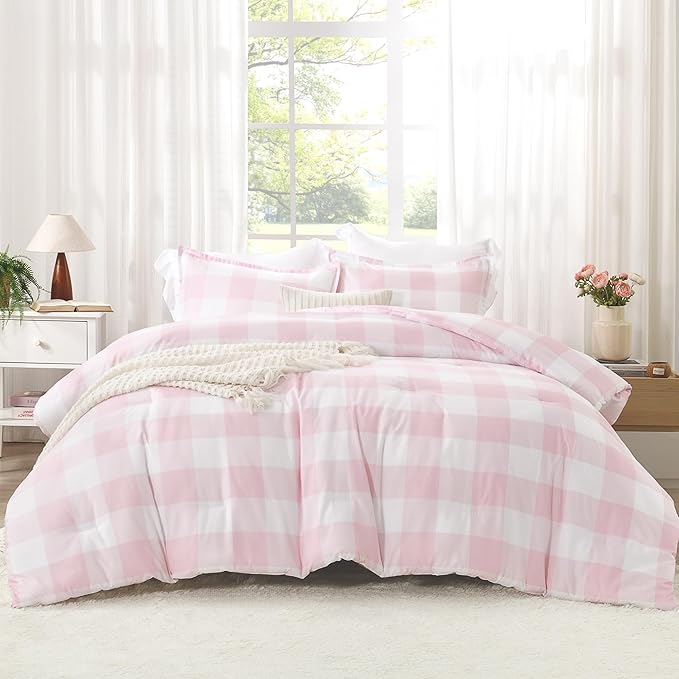 Andency Pink Checkered Comforter Twin(66x90Inch), Plaid Gingham Buffalo Plaid Grid Bedding Sets for Girls Kids Women Kids Teens, 2 Pieces Lightweight Polyester Geometric Preppy Bed Set