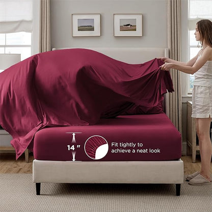 Bedsure California King Comforter Set Dark Red - Bed in a Bag Cal King Bedding Set 7 PCS, GentleSoft™ Pintuck Bed Set Gift for Family, Pinch Pleat Dark Red Comforter with Sheets, Pillowcases & Shams
