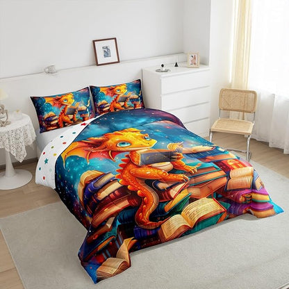 Cartoon Dragon Comforter Set Queen Size,Glitter Star Galaxy Nebula Bedding Set for Kids Boys Girls Room Decor,Magical Book Pattern Duvet Insert 3Pcs,Wild Animal Outer Space Quilt Set,2 Pillowcases