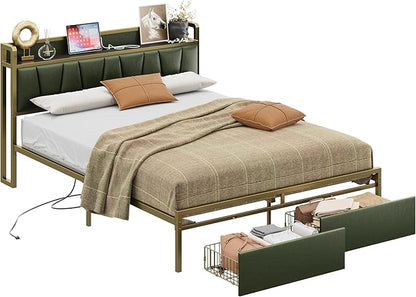 LIKIMIO Queen Bed Frame, Storage Headboard with Charging Station, Platform Bed with Drawers, No Box Spring Needed, Easy Assembly, Dark Green