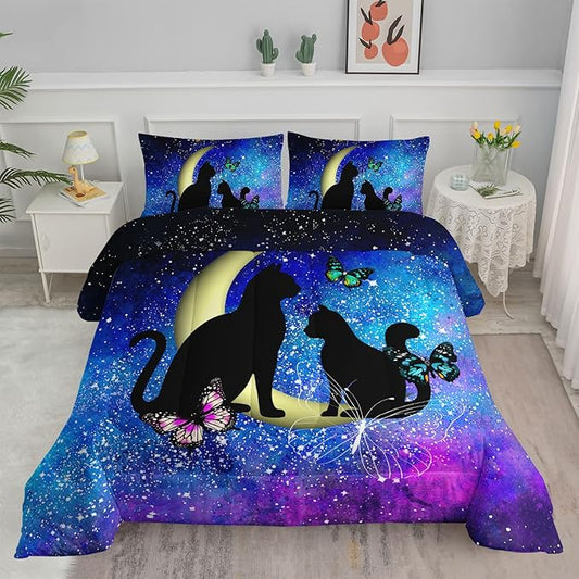 Black Cat Bedding Cartoon Cat Comforter Set Full,Butterflies Moon Printed Kids Bedding Set for Kids Boys Girls Adults Teens,Kids Comforter Set All Season,1 Quilt 2 Pillow Cases,Blue