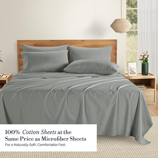 Casa Platino Bed Sheets Queen – 100% Cotton Queen Size Bed Sheet Set with 4 Pillowcases, Cool and Soft Percale Fabric, Ideal for All-Season Comfort, Ultra Soft With 15" Deep Pocket Fitted Sheet – Grey