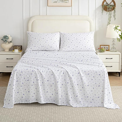 Softan Purple Floral King Bed Sheet Set, Cozy Microfiber Patterned Fitted Sheets with 15" Deep Pocket & Non-Slip Straps, Cute Purple Flower Printed Sheets & Pillowcase Set King