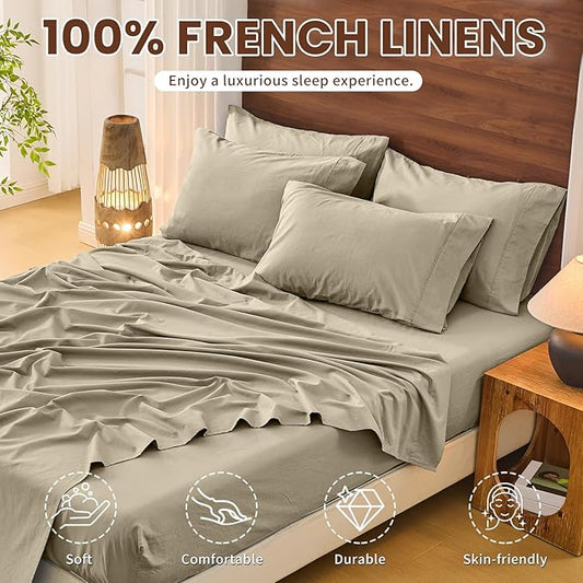 Bedlifes 100% French Pure Linen Sheets Queen Size Breathable and Cooling Flax Sheet Set Soft Durable and Moisture Wicking 16 Inch Deep Pocket-4 Piece(Queen,Taupe)