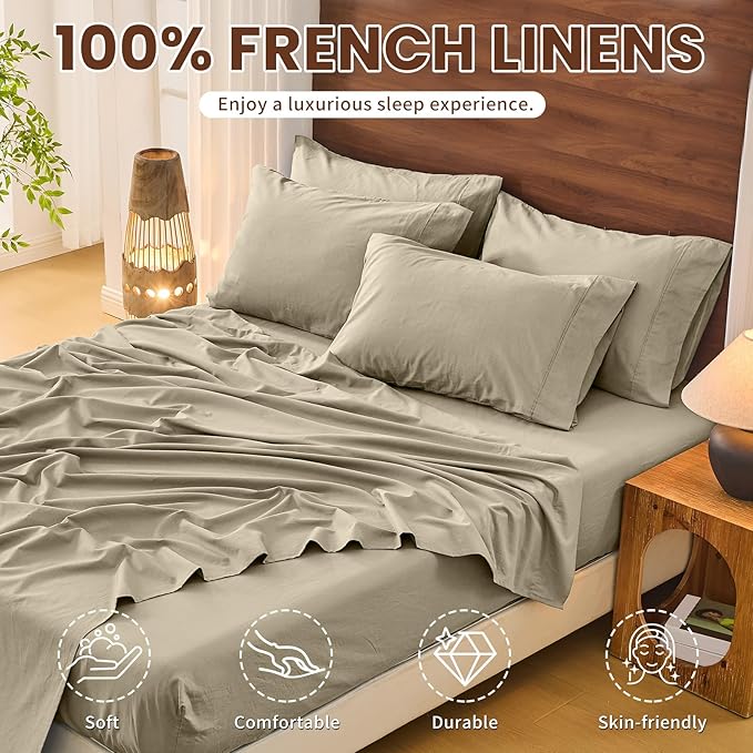 Bedlifes 100% French Pure Linen Sheets California King Size Breathable and Cooling Flax Sheet Set Soft Durable and Moisture Wicking 16 Inch Deep Pocket-4 Piece(Cal King,Taupe)