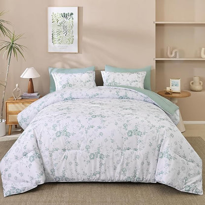 Luxudecor Floral King Comforter Set 7 Pieces Bed in a Bag, Green Rose Romantic Flower Bed Set, Soft Reversible Comforter with Sheet Set 104"x90"