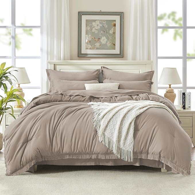 Andency Queen Comforter Set with Sheets Khaki - 7 Pieces Boho Tassel Bed in a Bag Soft Lightweight Bedding Sets, Fringe Bed Set with Comforter, Sheets, Pillowcases & Shams