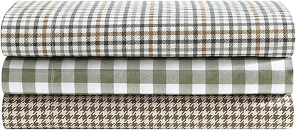 Eddie Bauer - Full Sheet Set, Crisp & Cooling Sheets w/a Naturally Smooth Cotton Percale Lightweight Feel - Matching Pillowcases & Deep Pocket Fitted Sheet (Griffin Plaid Beige)