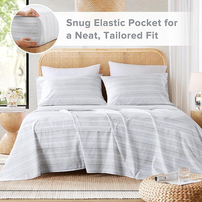 Comfort Spaces 100% Cotton Sheets Queen, Breathable, Naturally Cool Cotton Sheets, Cotton Bed Sheets with 14" Elastic Pocket Fits up to 16" Mattress, All Seasons Sheet Set, Good Vibes Grey 4 Piece