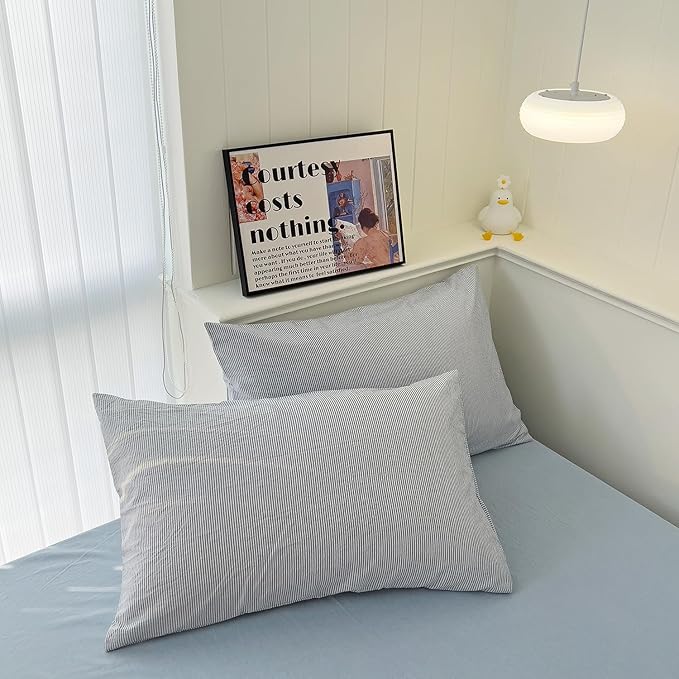 mixinni Striped Duvet Cover Set- 100% Washed Cotton Blue Comforter Cover with White Pinstripe Stripes Pattern Printed Bedding Set with Zipper Closure, 3 Pieces, Twin XLSize