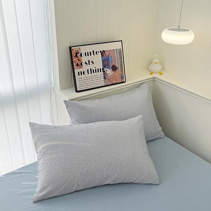 mixinni Striped Duvet Cover Set- 100% Washed Cotton Blue Comforter Cover with White Pinstripe Stripes Pattern Printed Bedding Set with Zipper Closure, 3 Pieces, Twin XLSize