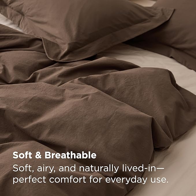 Bedsure 100% Washed Cotton Duvet Cover Oversized King - Brown Minimalist Bedding Set Linen Like - PureWoven Plain Simple & Soft Comforter Cover for All Seasons (Brown, Oversized King, 120"x98")