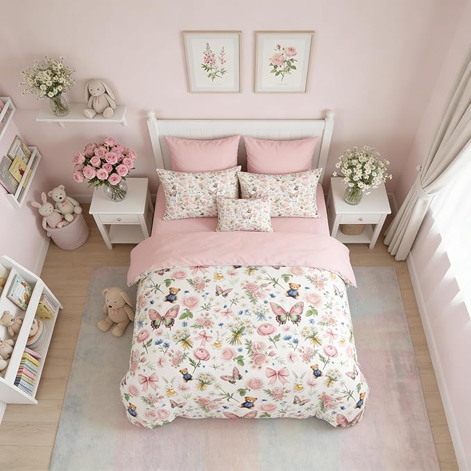 Pink Bow Comforter Set Twin for Girls, 2Pcs Butterfly Bedding for Kids Kawaii Bedroom Decor, Cute Priness Girly Rabbit Bear Comforter Set with 1 Pillowcase, 68"x86"