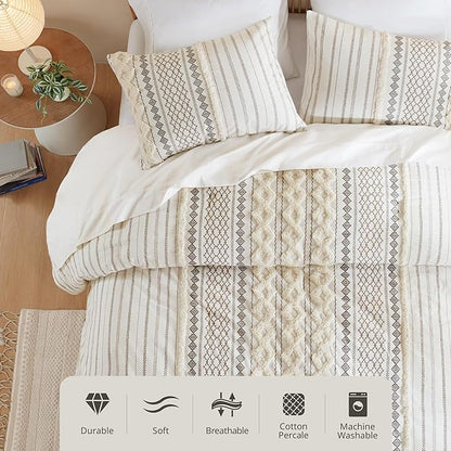 INK+IVY Imani 100% Cotton Duvet Mid Century Modern Design, All Season Comforter Cover Bedding Set, Matching Shams, King/Cal King, Ivory Chenille Tufted Accent 3 Piece