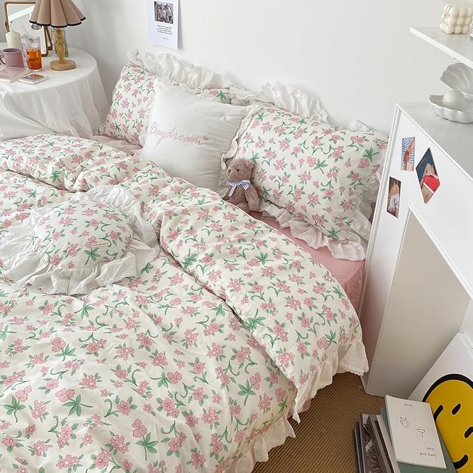 HighBuy White Ruffle Comforter Set Twin XL with Blush Flower Romantic Lace Comforter with 2 Ruffle Lace Pillowcases Coquette Cottagecore Bedding Set 3 Piece Shabby Chic Floral Comforter Sets