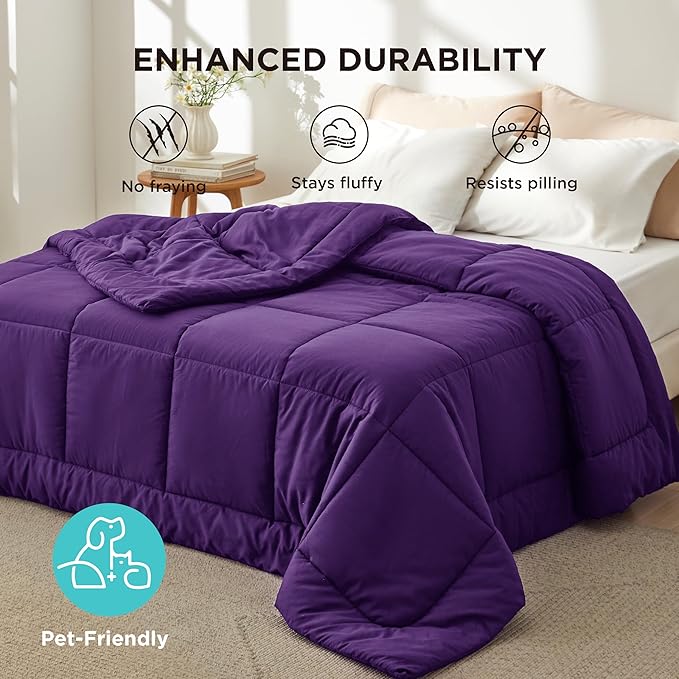 Bedsure Comforter Duvet Insert - Quilted Comforters King Size, All Season Duvet, GentleSoft Down Alternative Bedding Blanket, with 8 Tabs, Gifts for Women/Men, Purple, King 90 x 102 Inches