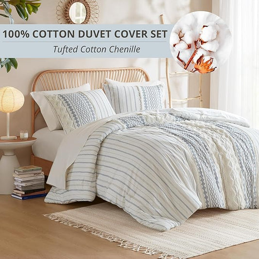 INK+IVY 100% Cotton Duvet Mid Century Modern Design, All Season Comforter Cover Bedding Set, Matching Shams, Full/Queen, Imani Chenille Navy