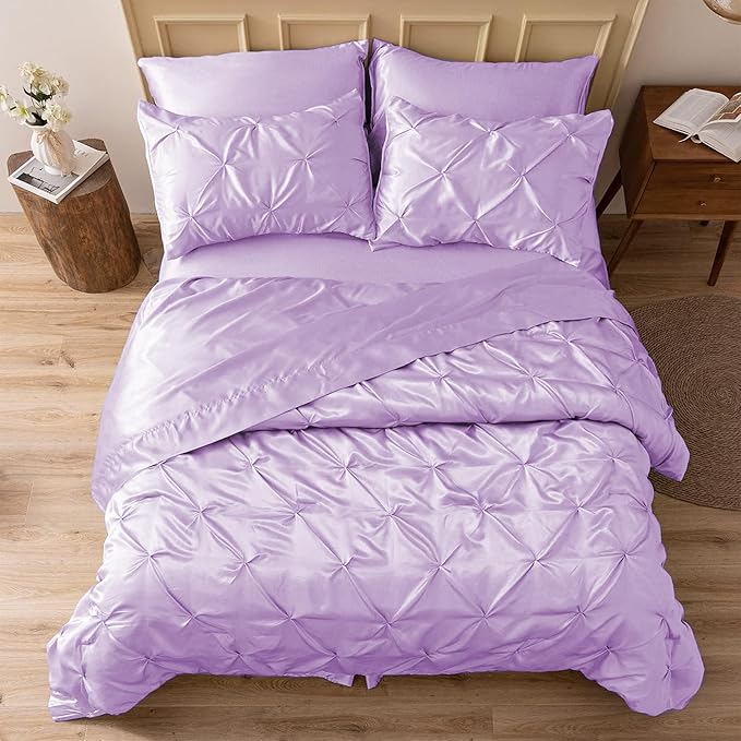 MR&HM Satin Comforter King 7 Pieces - Luxurious Pinch Pleat Bedding Set with Comforter, Flat Sheet, Fitted Sheet, Pillowcases & Shams, Super Silky Soft Bed Set for All Season (King, Lilac)