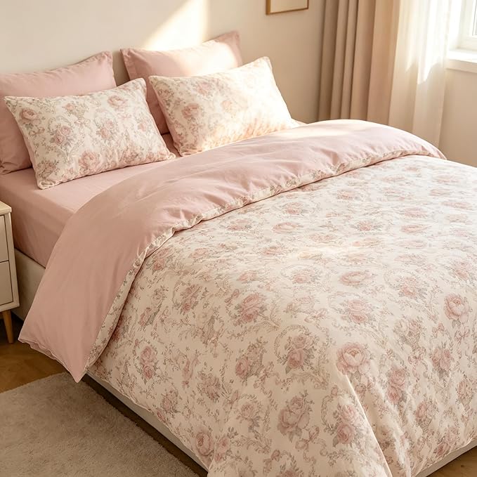 Coquette Cottagecore Comforter Set Queen Size, 3Pcs Shabby Chic Flower Bedding for Women Teen Girls, French Country Style Quilted Comforter with 2 Pillowcases, 90"x90"
