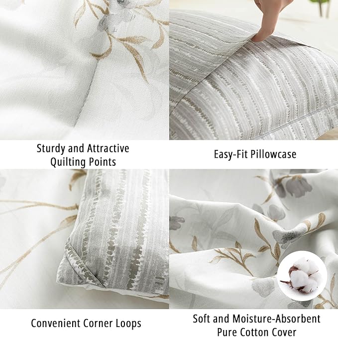 Vintage Botanical White Cotton Comforter King Size - Elegant Gray Flowers and Taupe Branches on White, Light Gray Striped Back, 3PC Lightweight Bedding Set with Ultra-Soft Alternative Fill