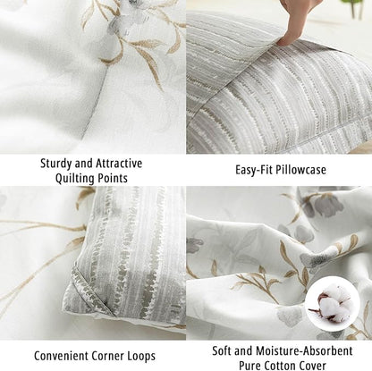 Vintage Botanical White Cotton Comforter Queen Size - Elegant Gray Flowers and Taupe Branches on White, Light Gray Striped Back, 3PC Lightweight Bedding Set with Ultra-Soft Alternative Fill