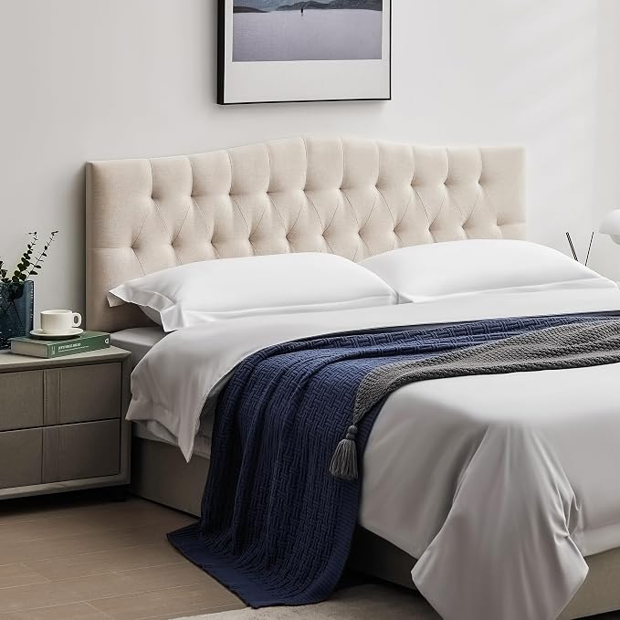 Tufted Upholstered Queen Size Headboard Only, Adjustable 38-50 in, Beige | Queen Headboard for Queen Size Bed, Durable Linen Fabric Headboards, Modern Diamon Design Wood Head Board