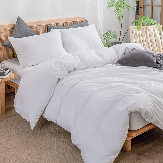 BESTOUCH Duvet Cover Set 100% Washed Cotton Linen Feel Super Soft Comfortable Chic Lightweight 3 PCs Home Bedding Set Solid Bright White Full/Double